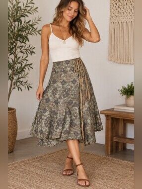 Krista Larson Vintage Silk Paisley Wrap Midi Skirt Made USA ONE SIZE Artsy Boho
